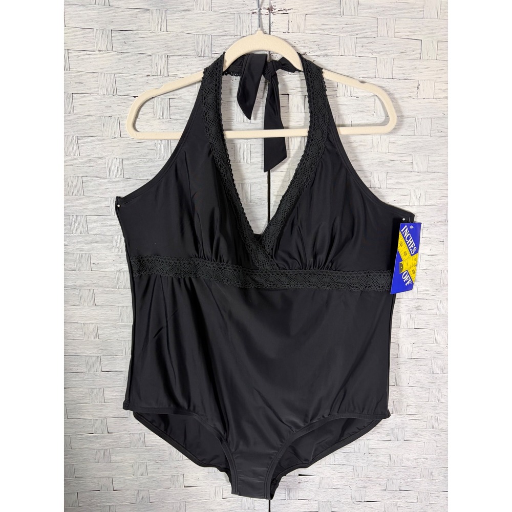 Inches Off Women's Swimwear one piece Black Crochet Halter Plus Size 28-2694-9